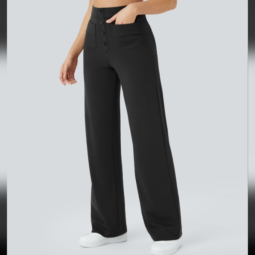 HALARA Black Wide-Leg High-Rise Button Front Pants